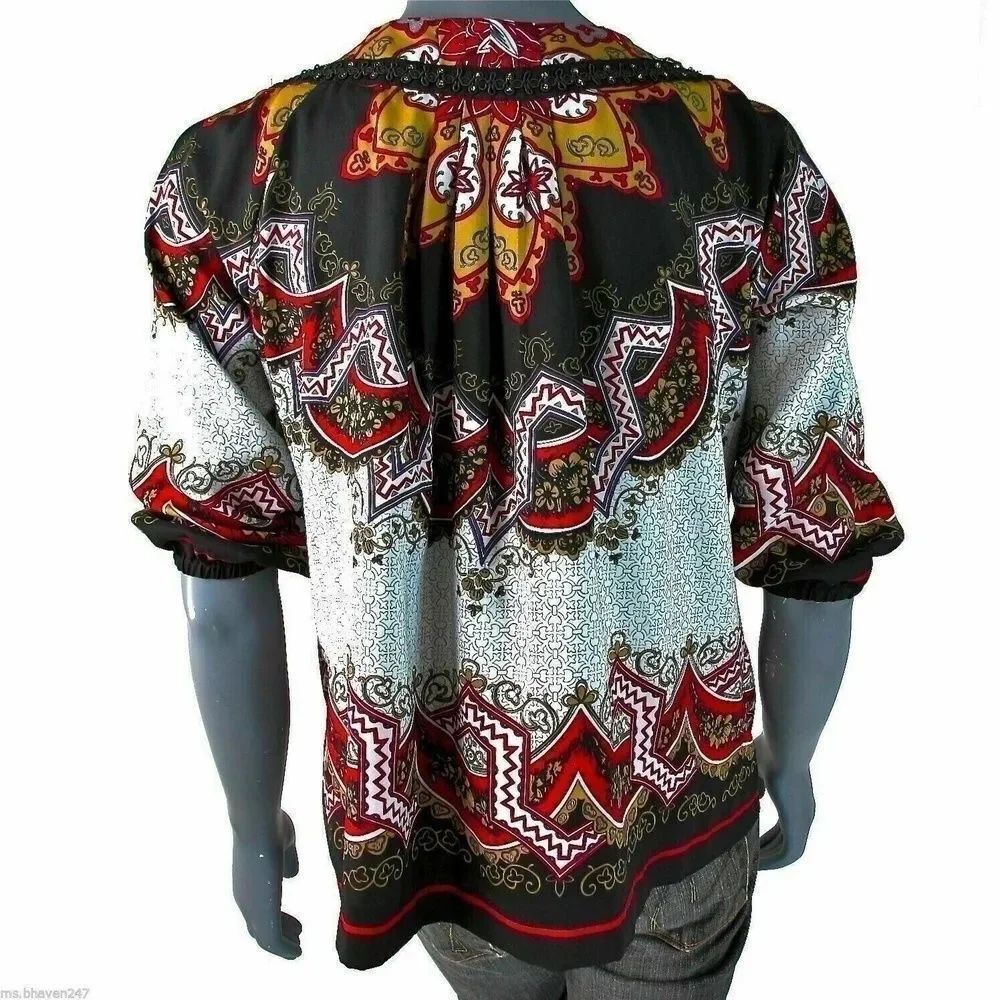 Nicole Miller Womens Top White Black Red Paisley Print Short Puff Sleeve 4 - Picture 3 of 4